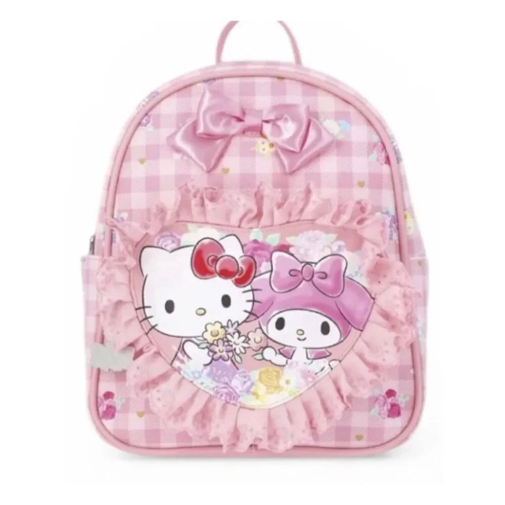 Hello Kitty And My Melody Ruffle Heart Backpack Pink Gingham Little Girls NWT